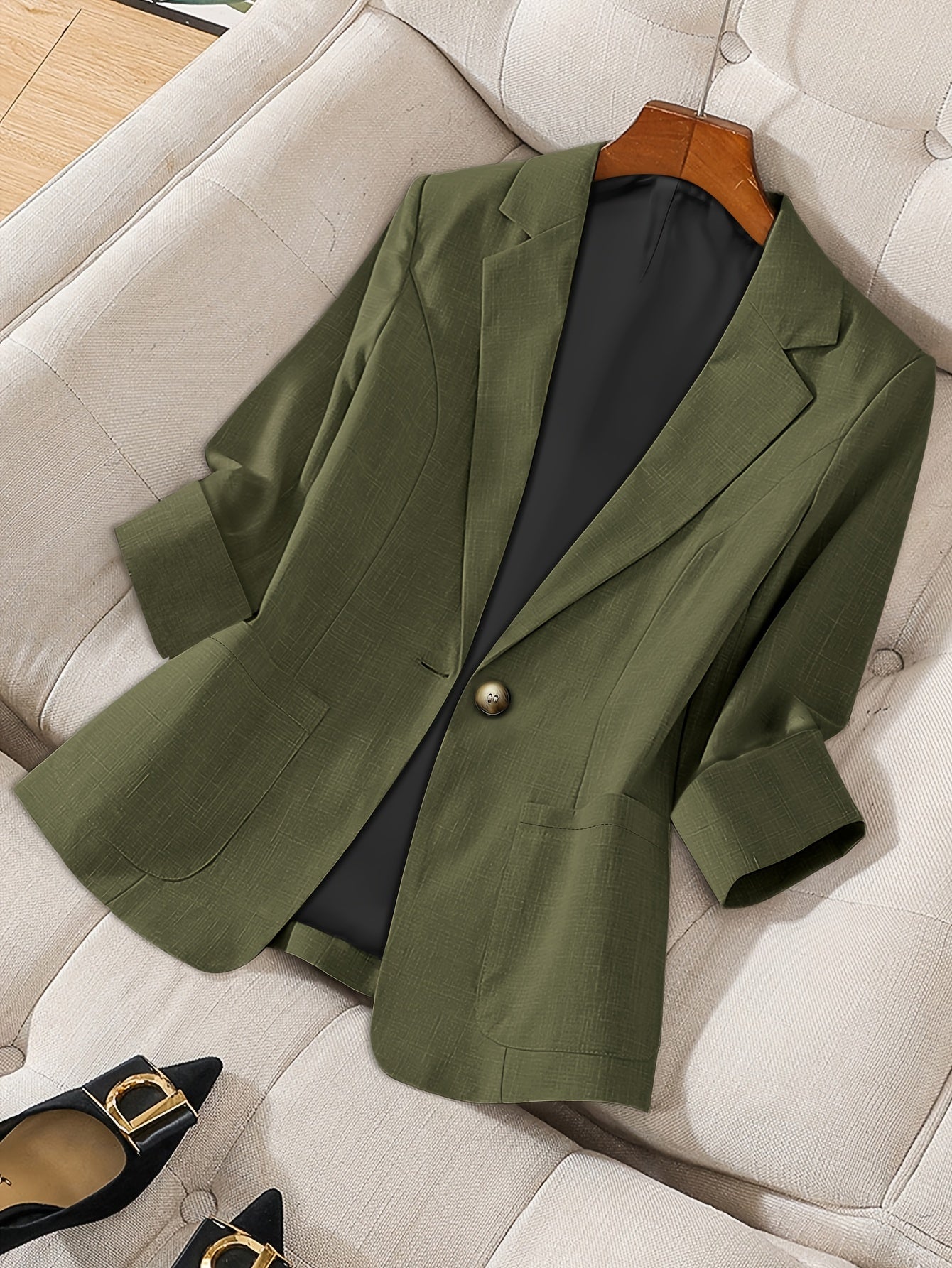 Women's Light Beige Casual Blazer Jacket - Solid Color Single-Breasted Button Front, Notch Lapel & Chest Pocket, Machine Washable H-Silhouette for Autumn Office & Casual Attire, Subtle Stripe Texture